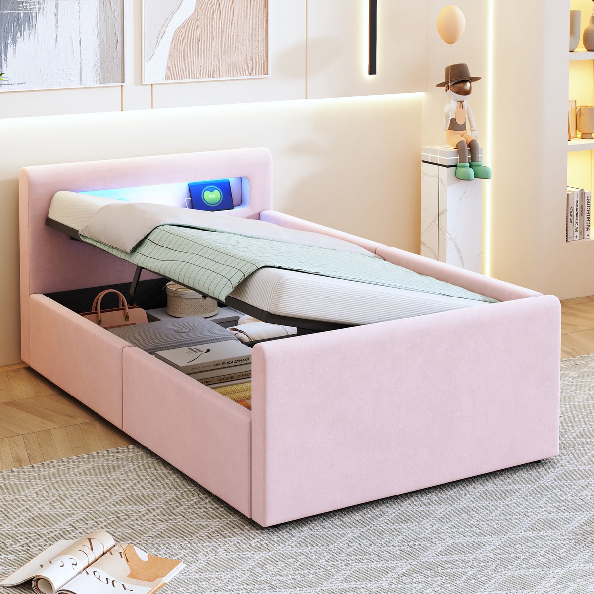 Gestoffeerd kinderbed - met hydraulische opbergruimte en LED - 90x200 cm - Roze fluweel - Omkeerbare zijleuning - USB-oplaadpoort en nachtlampje - Inclusief legplank en 12-delige lattenbodem