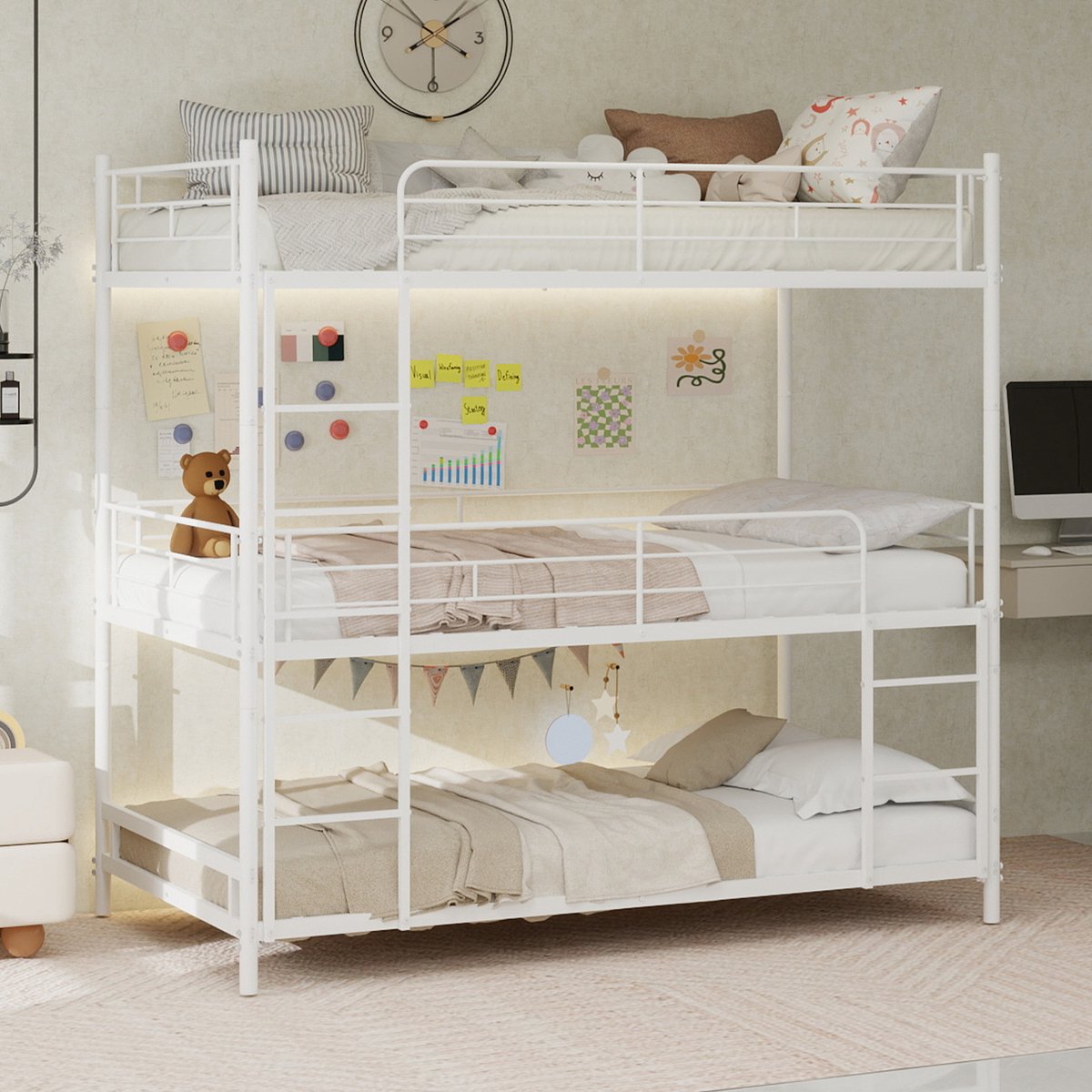 Metaal stapelbed 3-laags 90x190 cm - geschikt voor kind, tiener en volwassene - zwart - geïntegreerde ladder en volledig veiligheidsrek - antislip voetjes - geen boxspring nodig - stevige metalen latten