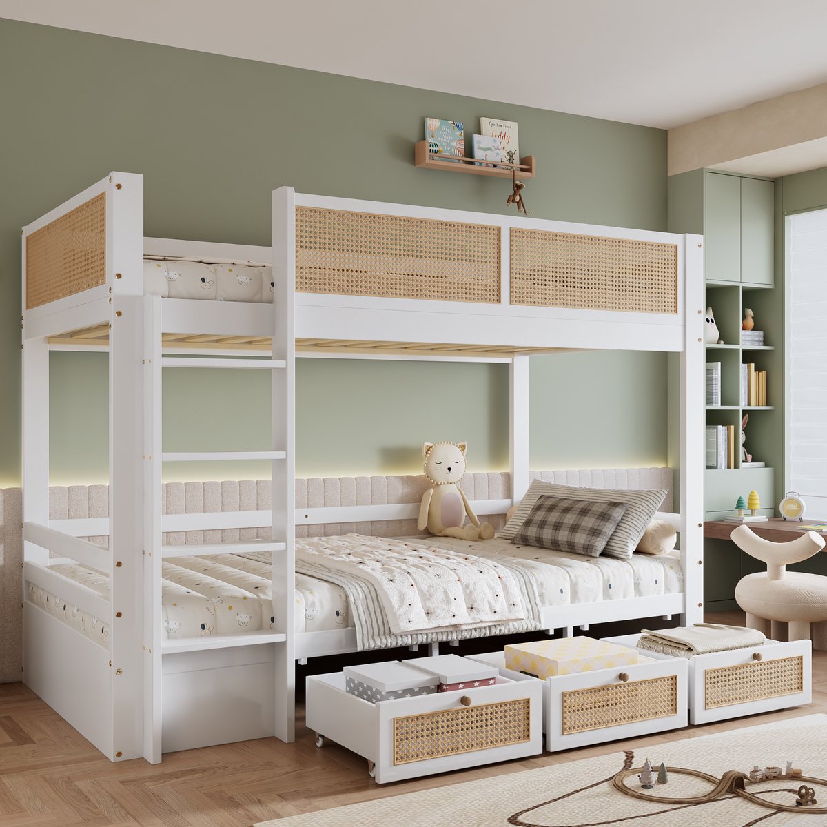 Kinder stapelbed - met gevlochten rattan veiligheidsrek - 2x 90x200 cm - wit/natuur - 3 opberglades en stevige lattenbodem - veilige 4-trede ladder - FSC-gecertificeerd grenen en MDF