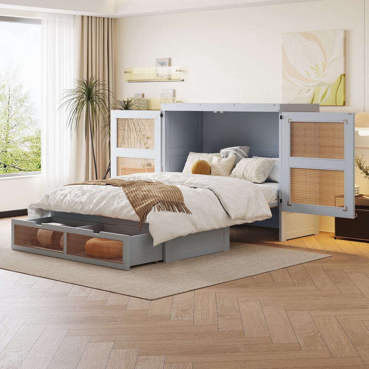 Opklapbaar wandbed met opberglades en rattan-design - 140x200 cm tweepersoons - Grijs - 270° draaibare deuren - Inclusief lattenbodem - Geschikt voor matras 6-10 cm