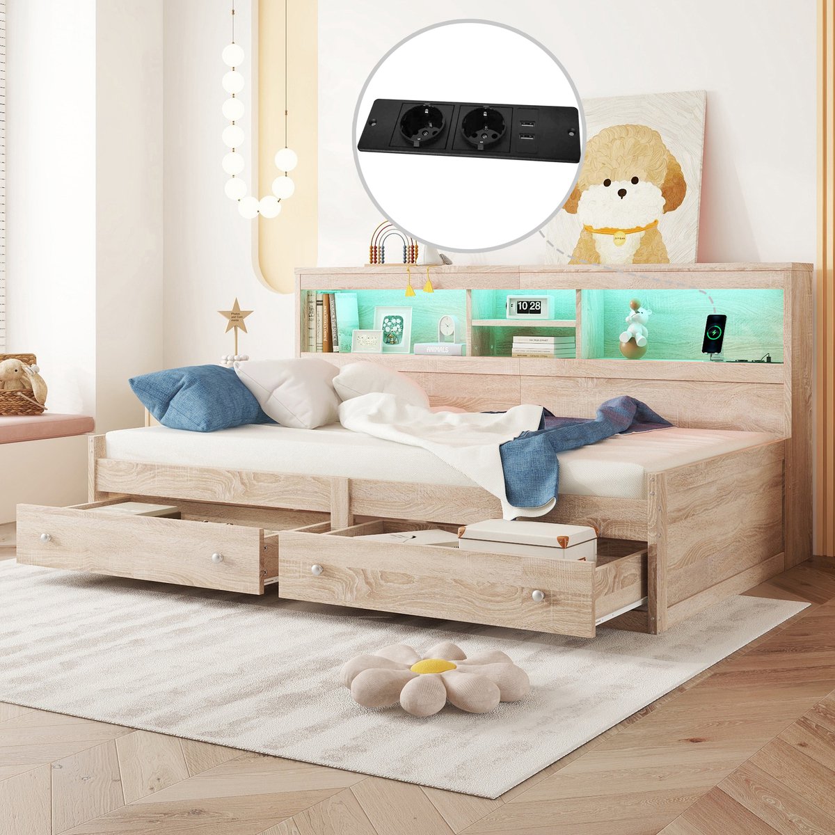 Dagbed 90x200 cm - Slaapsofa met nachtkastje, sfeer-LED en USB-opladers - Naturel - 2 opberglades - Inclusief lattenbodem
