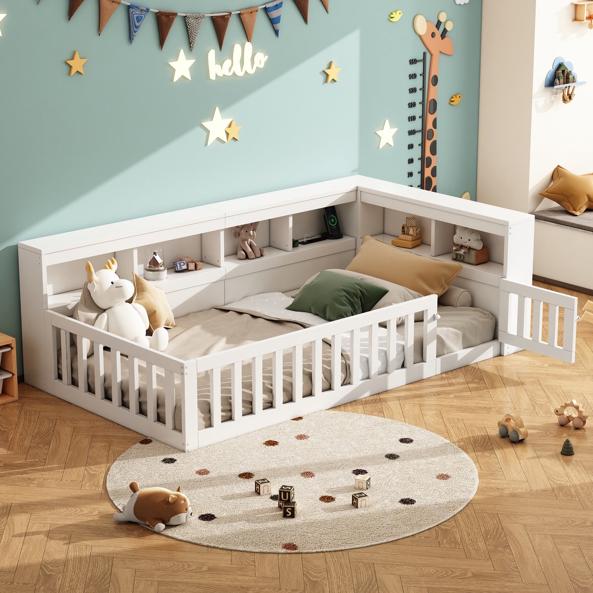 Dagbed met stopcontact, USB en opbergvak - multifunctioneel slaapbank - 90x200 cm eenpersoons - wit - uitschuifbare valbeveiliging en zijopberging - stevig spaanplaat en MDF - inclusief lattenbodem