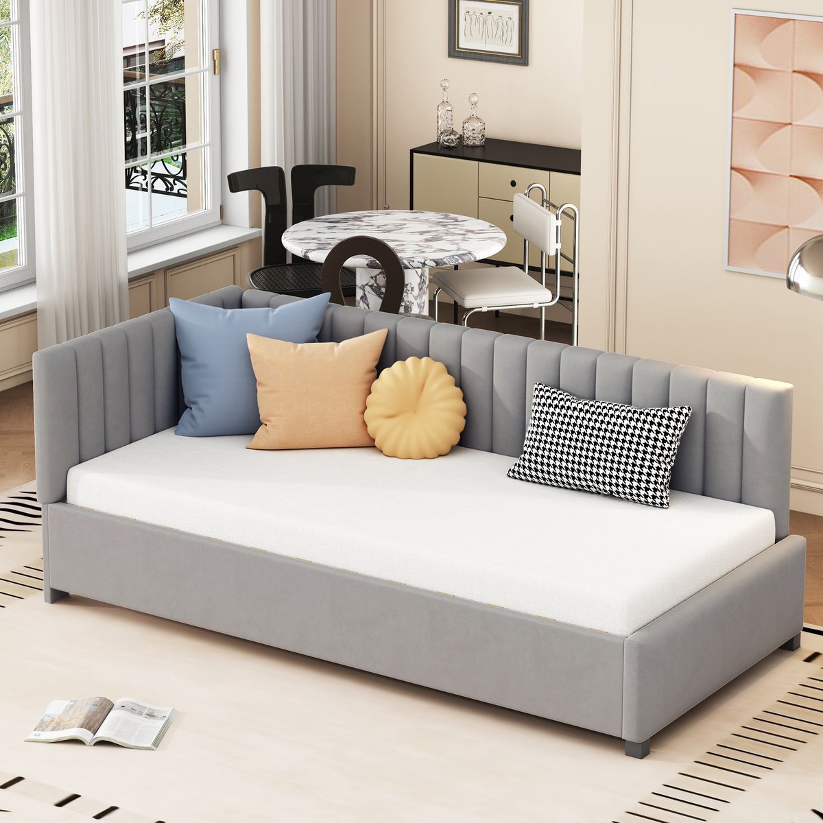 Gestoffeerd dagbed - multifunctioneel slaapbank - 90x200 cm eenpersoons - grijs fluweel - omkeerbaar hoofdeinde voor flexibele opstelling - dikke comfortvulling - inclusief 12-delige lattenbodem