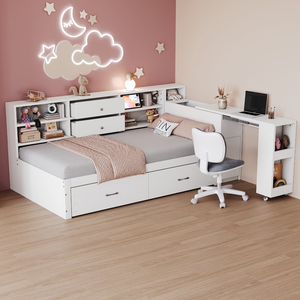 Houten slaapbank 90x200 cm - multifunctioneel eenpersoonsbed met uitschuifbaar bureau en USB - wit - verborgen opbergruimte en 2 lades - massief grenen frame
