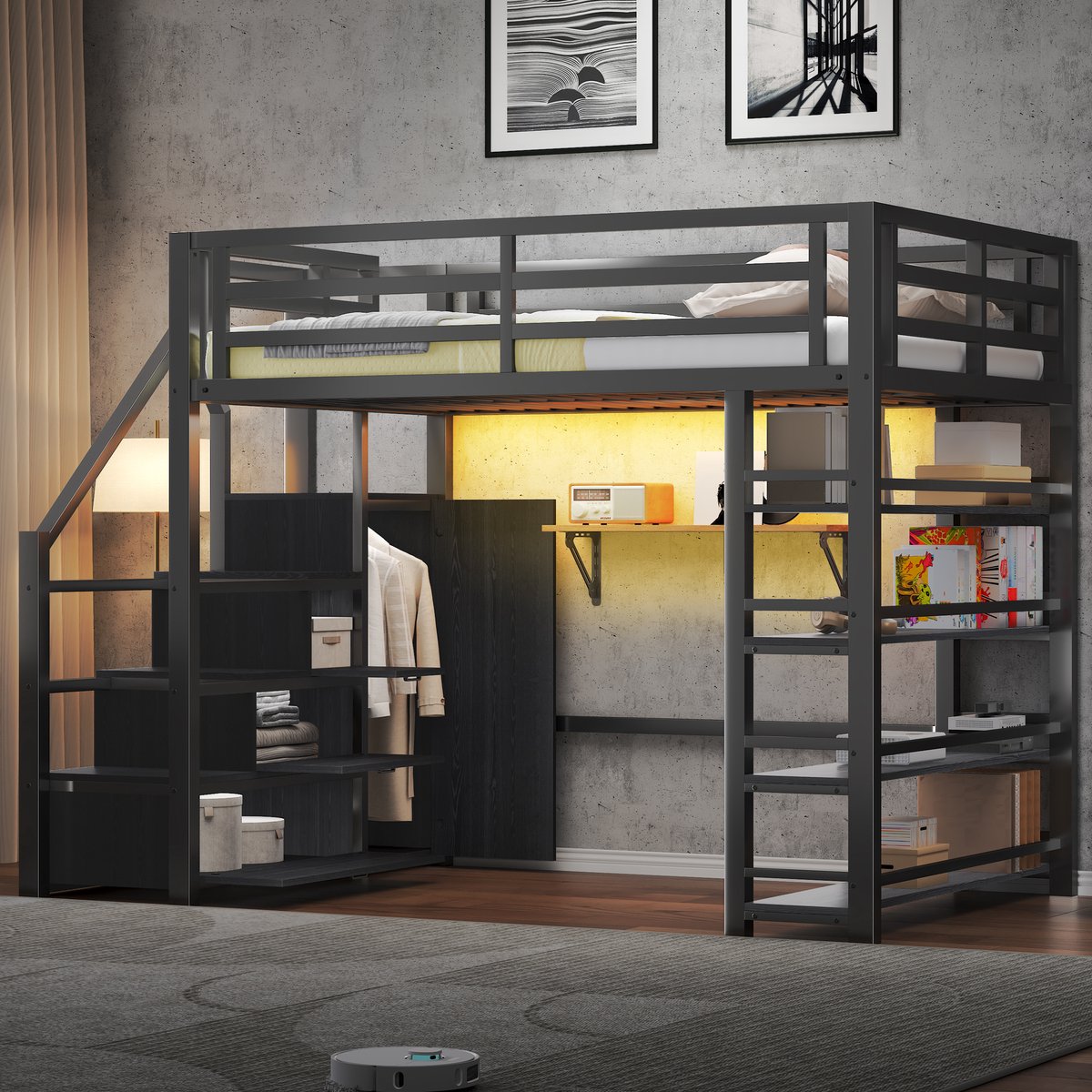 Metalen hoogslaper met kledingkast, legplanken en LED - 140x200 cm tweepersoons - Zwart - Inclusief 4-laags boekenrek - Opbergtrap en kledingroede - App-gestuurde sfeerverlichting