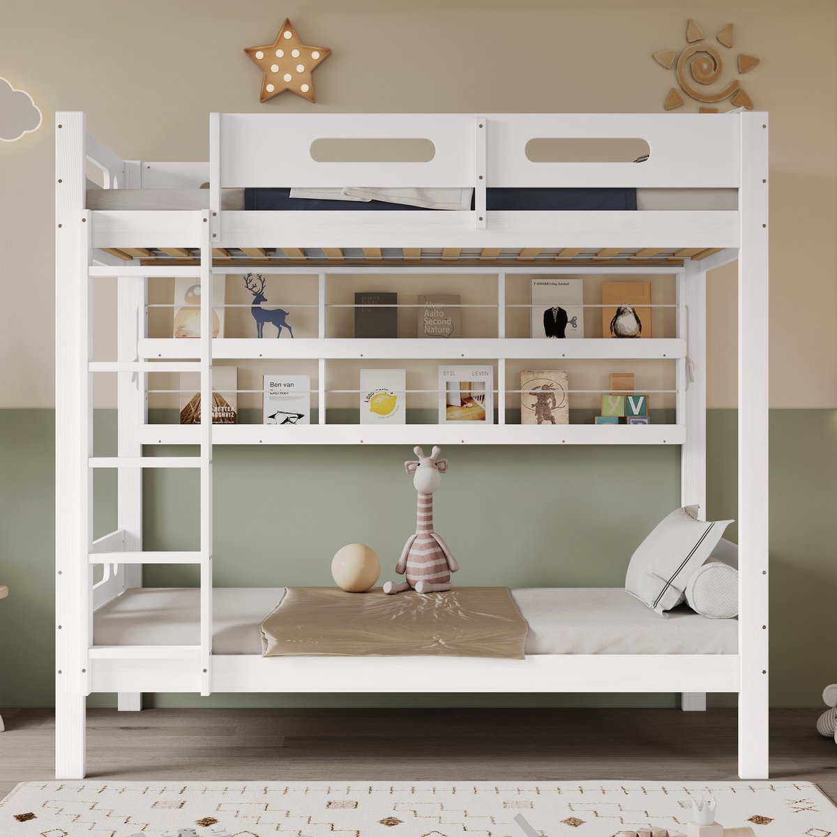 Kinder stapelbed - met open opbergrek en 5-traps ladder - 2x 90x200 cm - Wit - Veiligheidsrek met valbeveiliging - EN747 gecertificeerd - Massief grenen frame