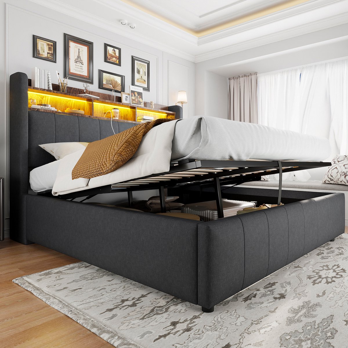 Gestoffeerd opbergbed met LED en USB - 160x200 cm - Grijs - Hydraulische opbergruimte - Opbergvakken in hoofdeinde - Inclusief lattenbodem - Stabiel frame tot 250 kg