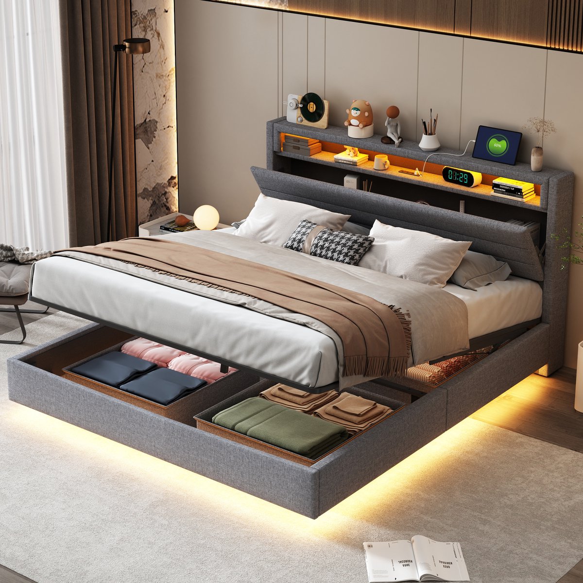 Gestoffeerd opbergbed 160x200 cm - Zwevend ontwerp met hydraulische opberging en LED - 2 personen - Grijs - Omkeerbaar hoofdeinde met opbergvak - USB-oplaadpoort - Inclusief lattenbodem