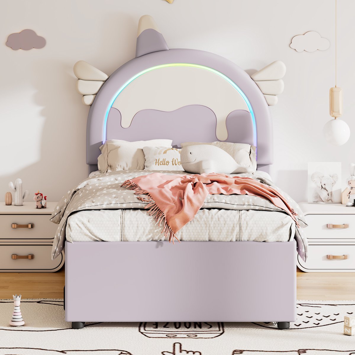 Eenhoorn kinderbed 90x200 cm - Met uitschuifbaar rolbed en opberglades - 1-2 personen - Paars - Magisch cartoon ontwerp in zacht, onderhoudsvriendelijk PU-leder - Inclusief lattenbodem — cadeau in Cadeau-ideeën - foto 3