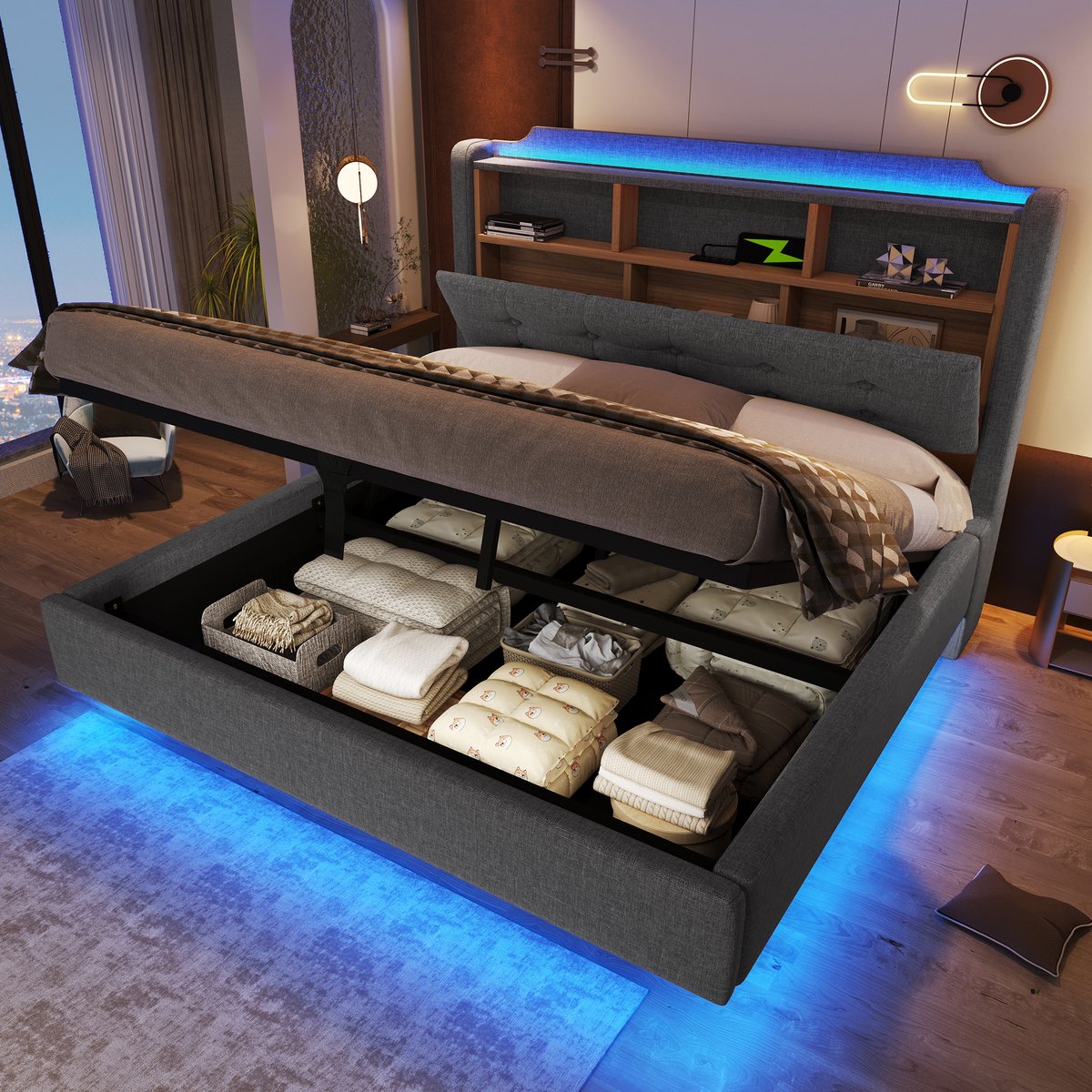 Gestoffeerd bed 140x200 cm - tweepersoons met hydraulische opbergruimte en LED-verlichting - grijs linnen - USB/Type-C en opbergvakken in zwevend hoofdeinde