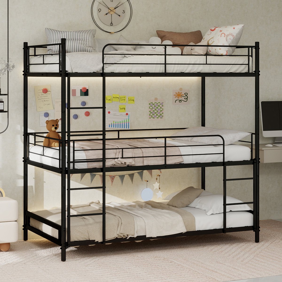 Driepersoons metalen stapelbed 90x190 cm - voor kinderkamer en logeerkamer - zwart - stevig stalen frame met 3 volledige veiligheidsrekken - geïntegreerde ladder - antislip voetjes - geen boxspring nodig