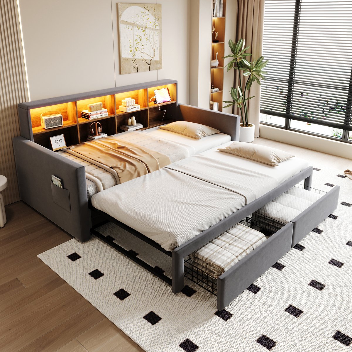 Uitklapbaar bed met opbergvakken en LED - 90/180x190 cm - Donkergrijs fluweel - USB- en Type-C laadstations - Inclusief lattenbodem - Met 2 opberglades
