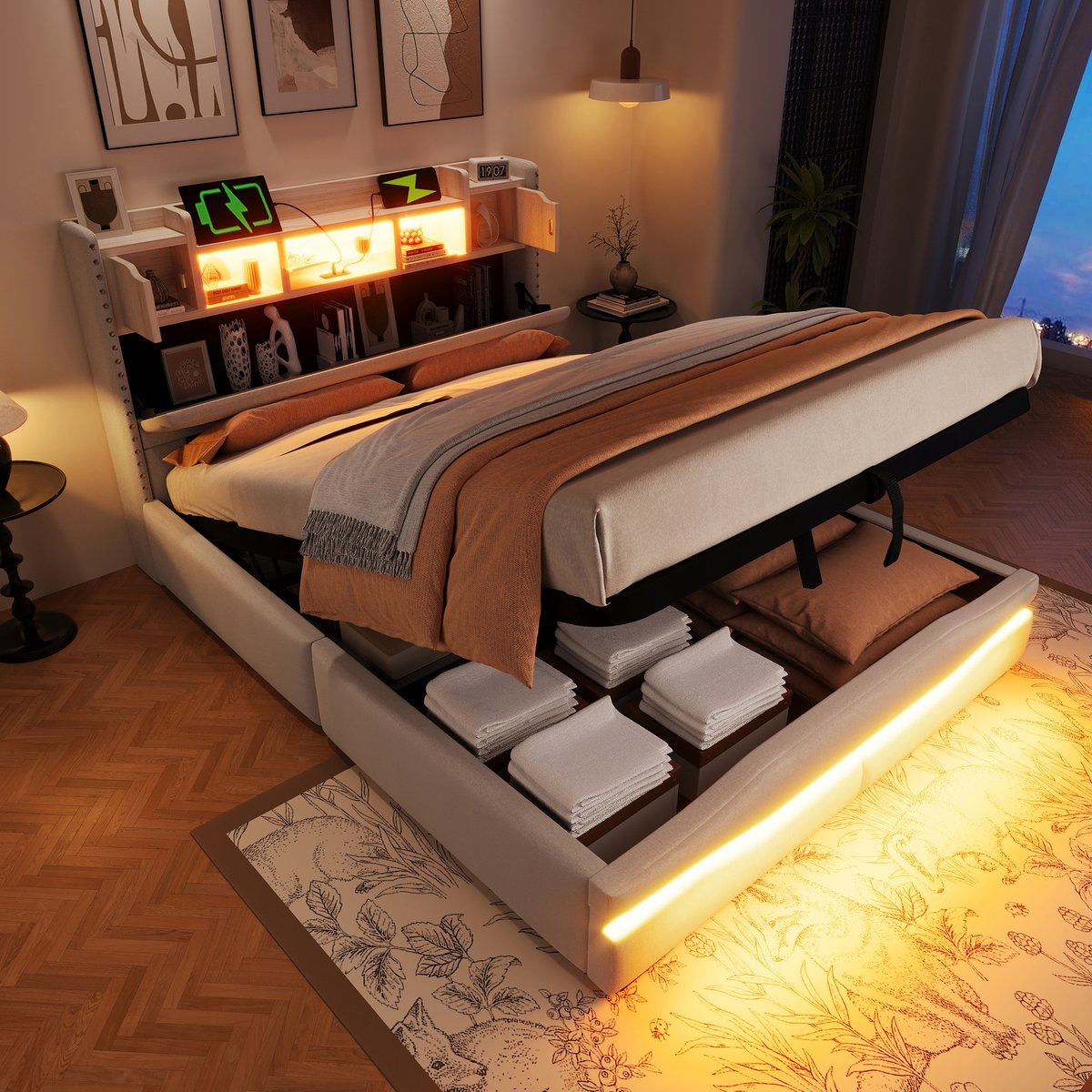 Gestoffeerd opbergbed met LED en USB-C - hydraulisch en ruimtebesparend - 140x200 cm tweepersoons - beige - hoofdeinde met opbergvak en snellaadpoort - app-gestuurde sfeerverlichting onder het bed - natuurlijk linnen