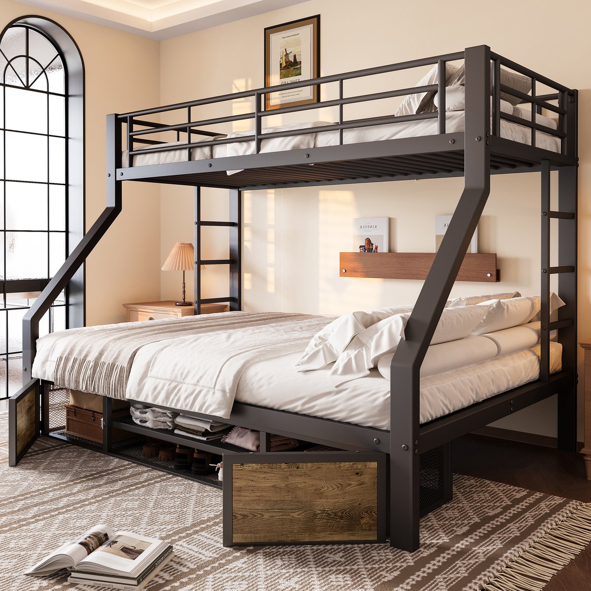 Stapelbed met schoenenkast en opbergvakken - ruimtebesparend voor kinderkamer - 90x200 en 140x200 cm - zwart - EN 747 gecertificeerd - stevig metalen frame - valbeveiliging en ladder