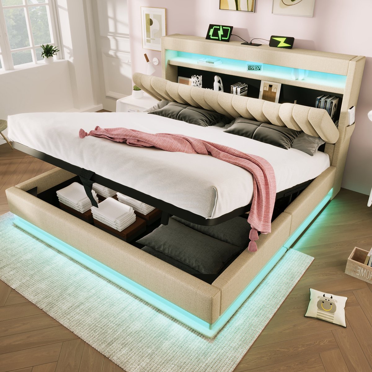 Gestoffeerd tweepersoonsbed 140x200 cm - Hydraulische opbergruimte, USB-C en LED-verlichting - Beige - Linnen bekleding met opbergvak in hoofdeinde, 3 USB-poorten, app-bediening