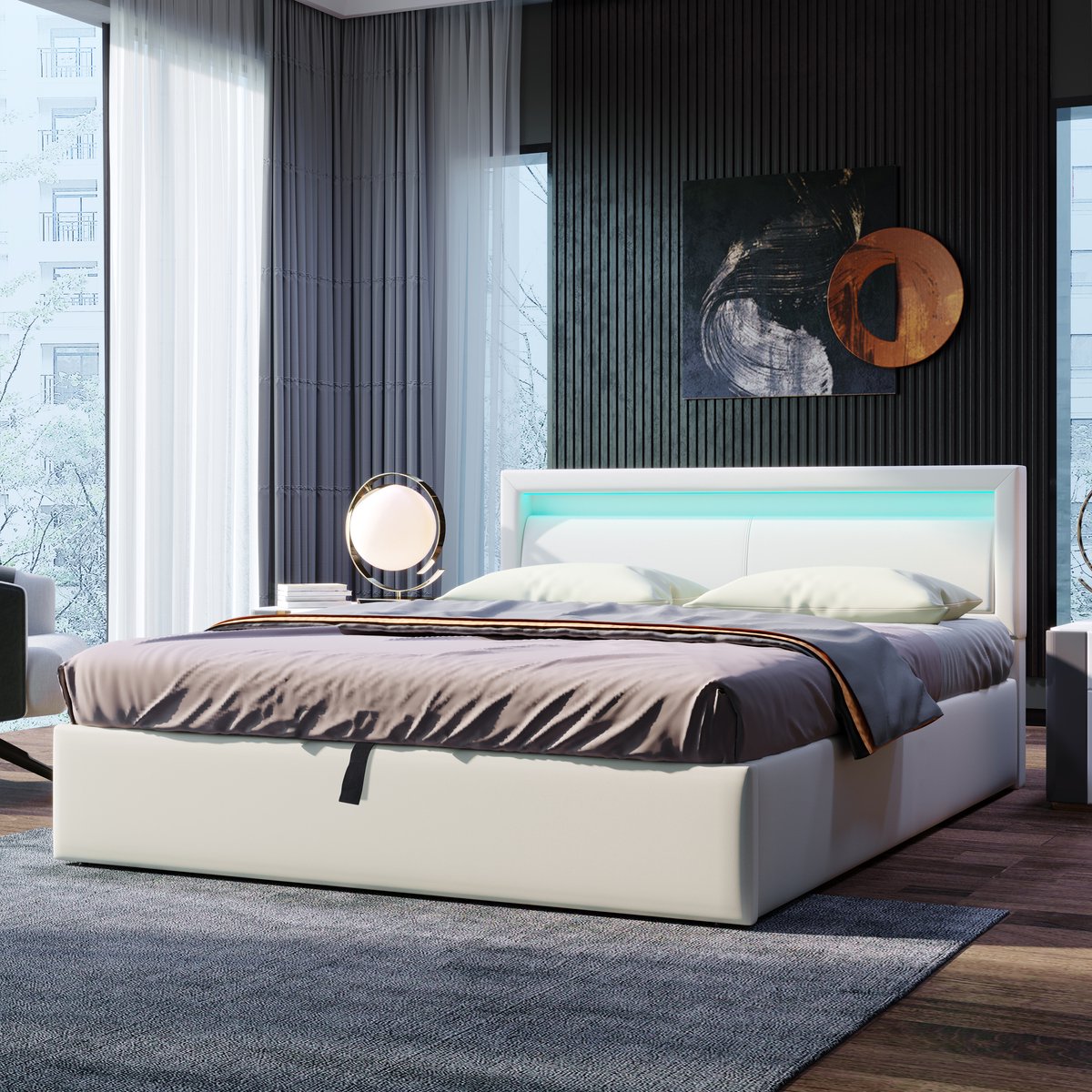 Gestoffeerd LED-bed 140x200 cm - Opbergruimte met hefmechanisme - Wit - Hoog hoofdeinde met sfeerverlichting - Onderhoudsvriendelijk PU-leder - Inclusief lattenbodem