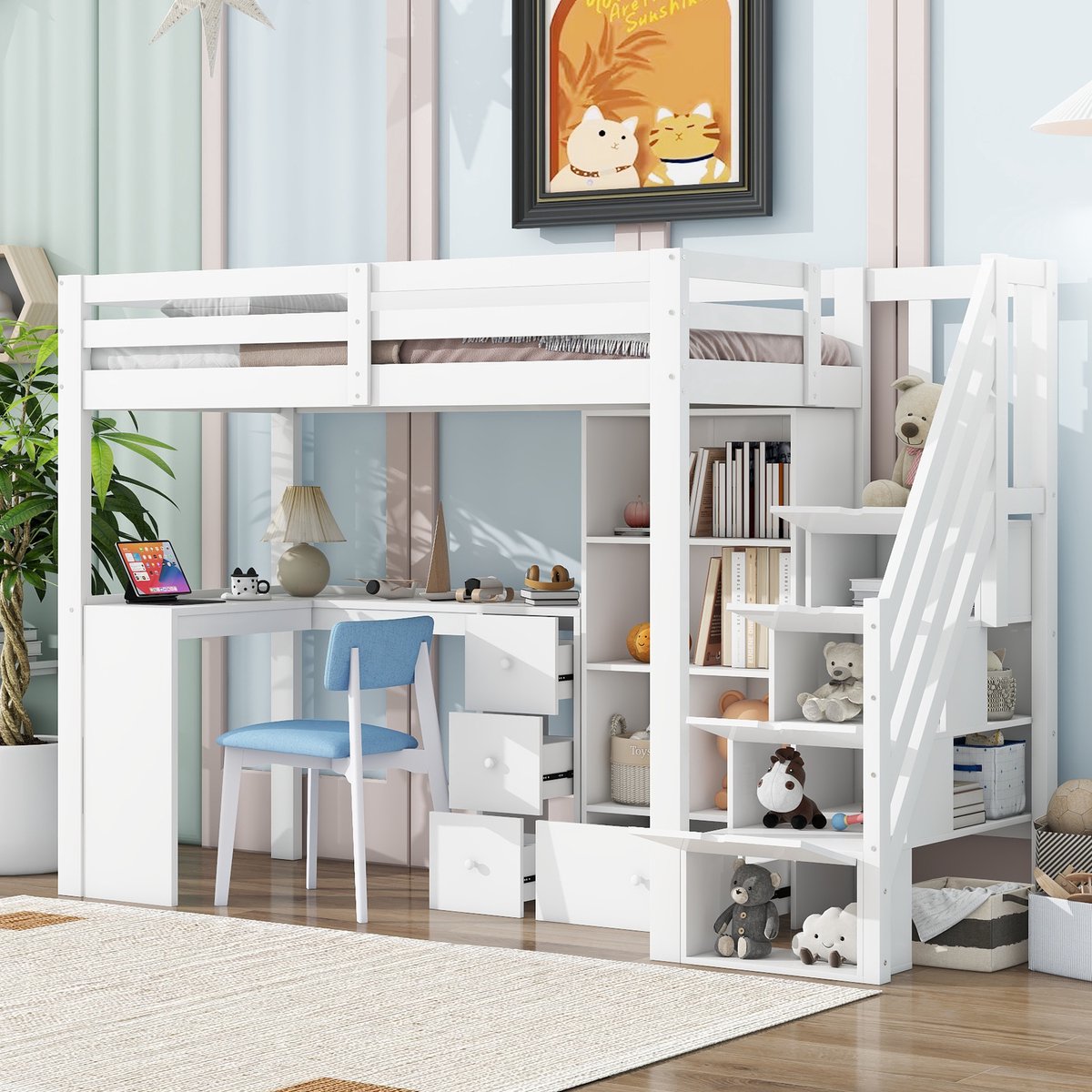 Kinderhoogslaper - Complete studeer- en opbergcombinatie - 90x200 cm - 1 persoon - Wit - EN747 gecertificeerd - Bureau, lades en opbergtrap - Veiligheidshek - Massief grenen