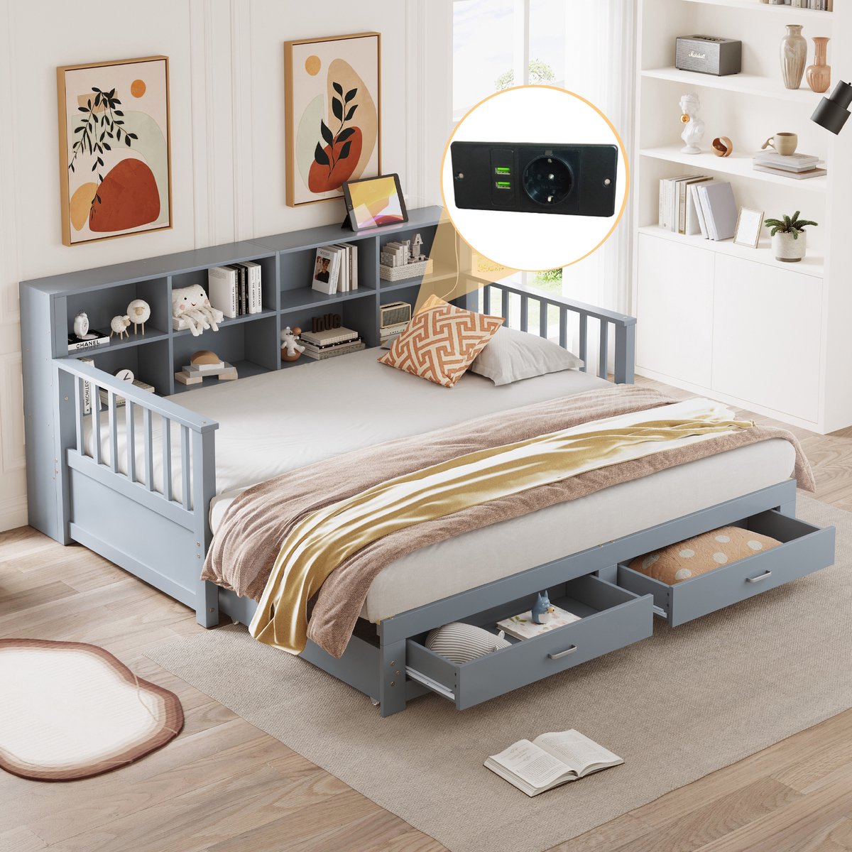 Uitschuifbare massief grenen slaapbank - 2-in-1 ruimtebesparende slaap- en zitoplossing - 90/180x190 cm voor 2 personen - Grijs - Opbergvak met stopcontact in rugleuning - 2 uitschuifbare lades - Inclusief lattenbodem