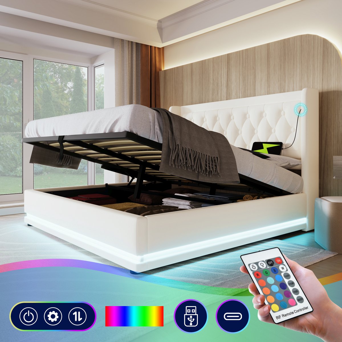 Gestoffeerd opbergbed met hydraulisch systeem, USB-C en LED - 140x200 cm tweepersoons - wit - getuft hoofdeinde - 3-zijdige sfeerverlichting - Chesterfield design