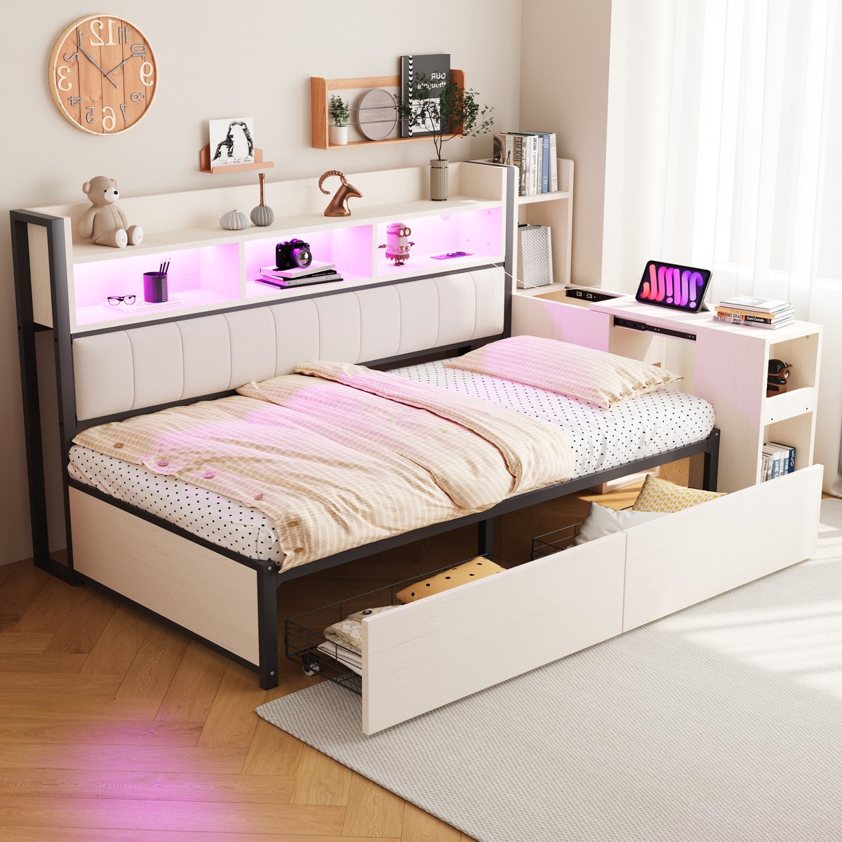 IJzeren slaapbank 90x200 cm - met uitschuifbaar bureau, LED en stopcontacten - eenpersoons - wit - 2 grote lades en verborgen opbergvakken - stevig tot 120 kg