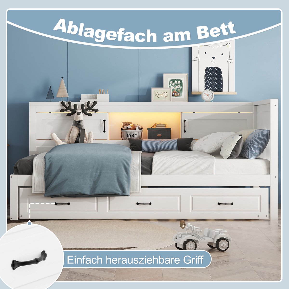 Dagbed met uitschuifbed, LED en stopcontact - multifunctioneel voor logés en kinderkamer - 90x200 cm eenpersoons - wit - met USB en sfeerverlichting - stevig spaanplaat en MDF frame