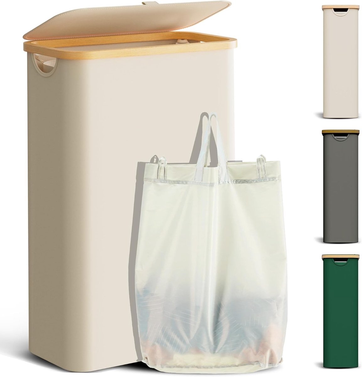 Wasmand met Deksel - 48 Liter, Smalle Vouwbare Wasmand van Hout en Bamboe, Ideaal voor Wassen en Organiseren, Beige