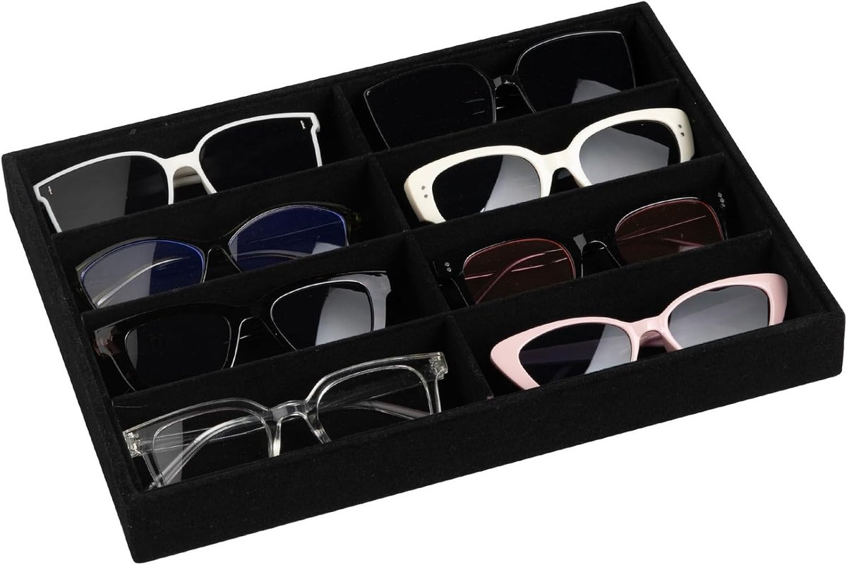 Elegante Velvet Organizer en Display Tray met Duidelijk Deksel - Opbergdoos voor Brillen, Zonnebrillen en Horloges - Donker Zwart, Zonder Deksel