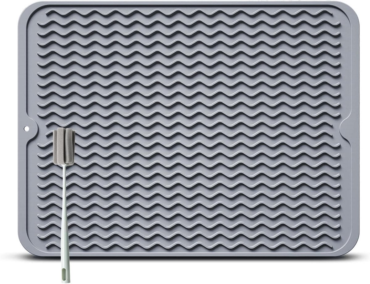 Siliconen Druppelmat voor Afwas, 40 x 30 cm, BPA-vrij, Warmtebestendig, Antislip, Inclusief Spons en Schoonmaakborstel