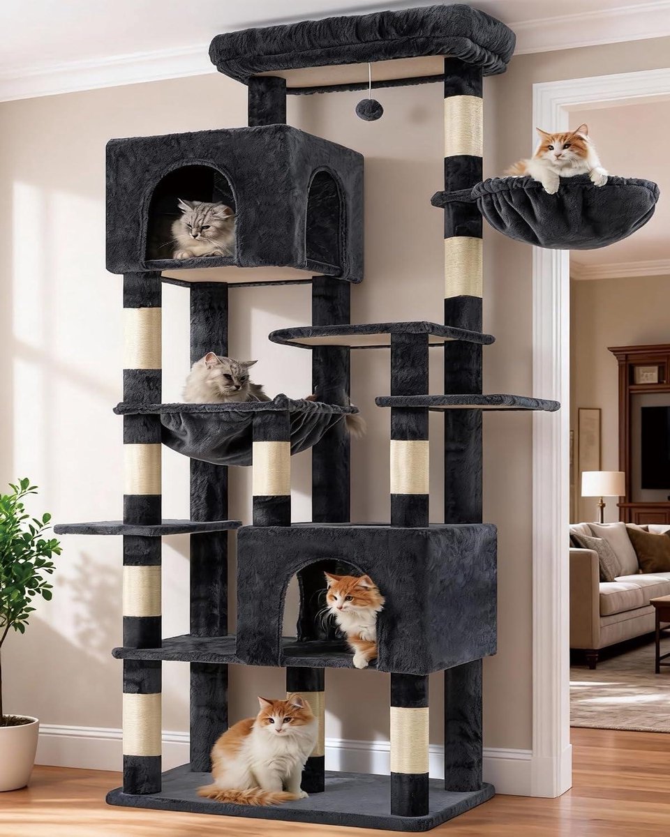 Grote Krabpaal - Kattenklimtoren - Katten Spelen - Stevige Constructie - 193 cm Hoog - Rookgrijs