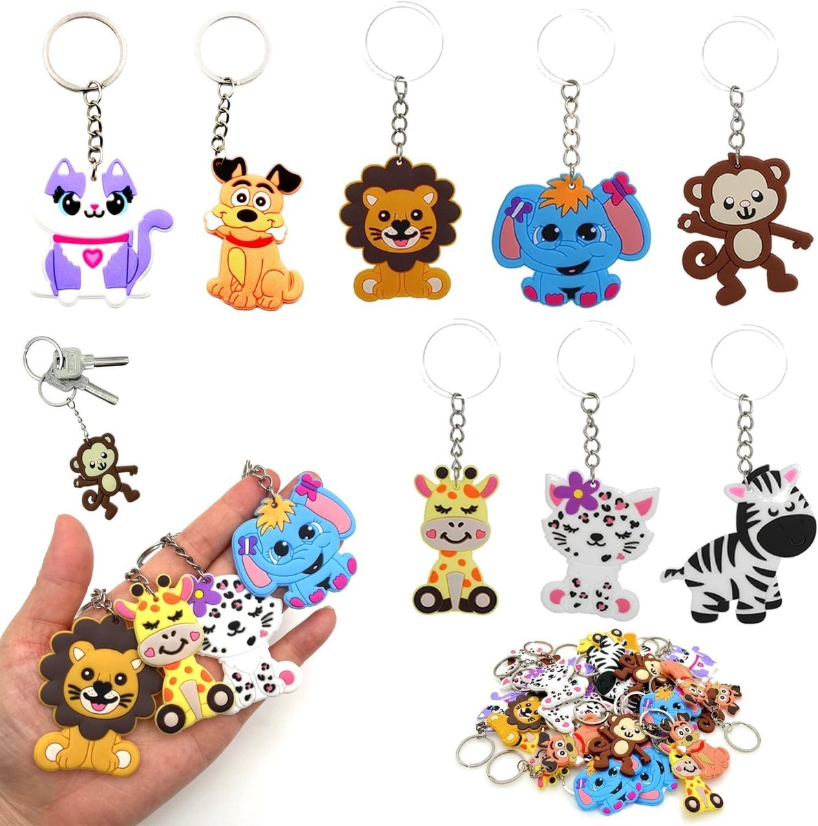 Rubberen Sleutelhangers Set van 32 Dieren, Silicone Sleutelhouders voor Kinderen, Leuk Cadeau voor Feestjes en Verjaardagen