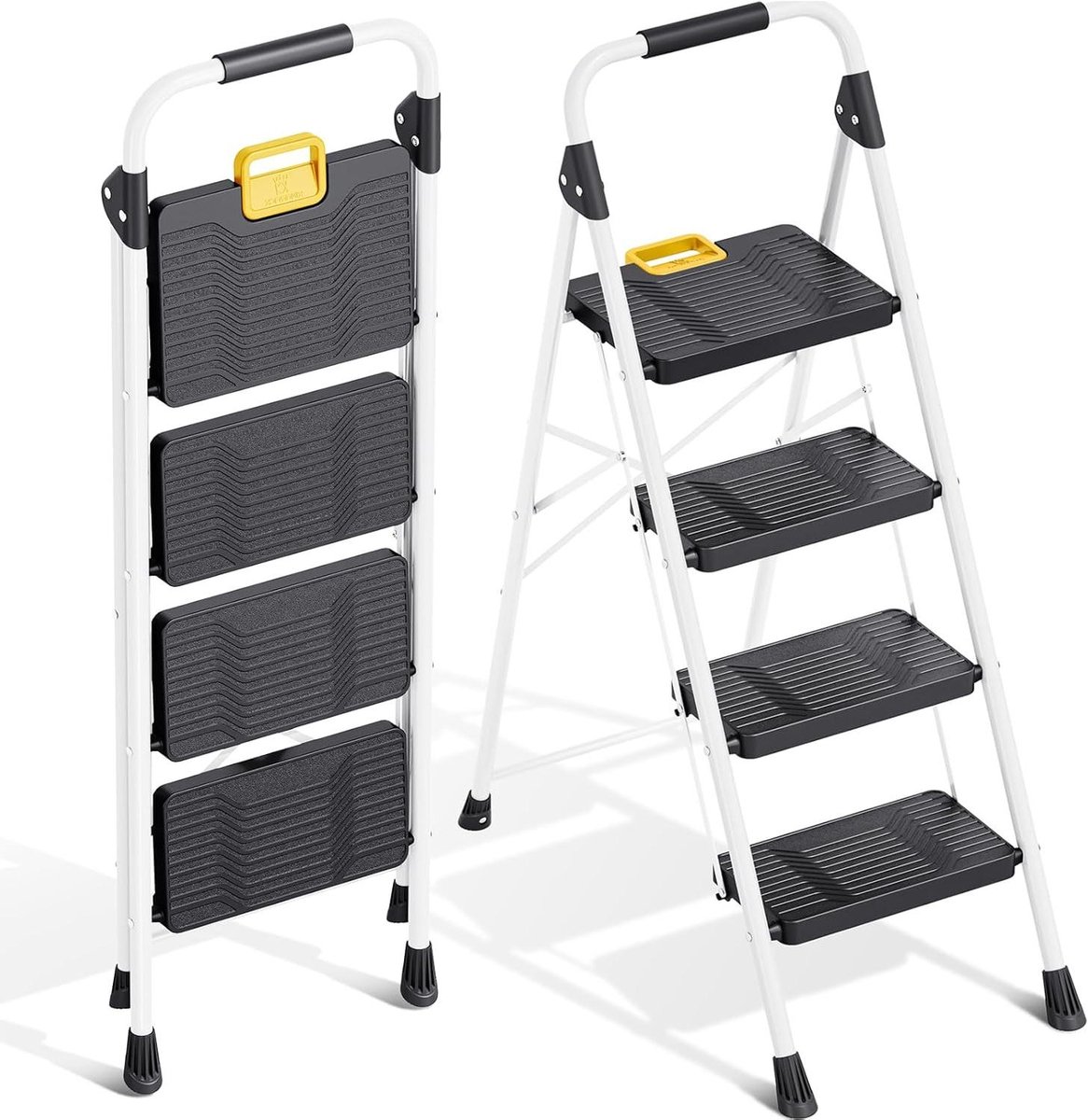 Huishoudtrap 4 treden - Vouwladder opstap - Kasten bereiken - Brede antislip treden - 150kg capaciteit - Wit