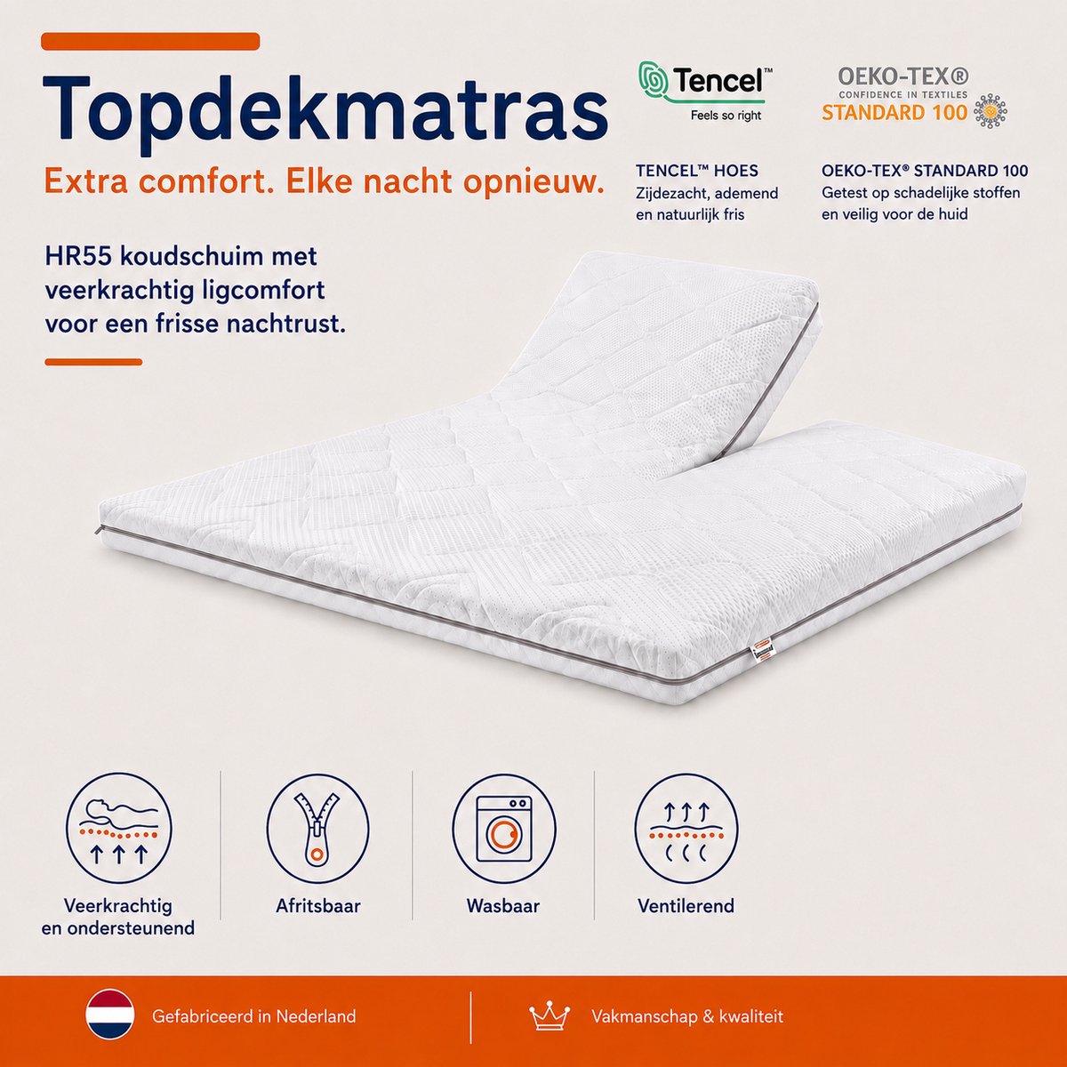 BestRestBedden - Splittopper - 160x220cm - HR55 Koudschuim - Split Topdekmatras - 10cm dik - Tencel Hoes - OkoeTex - Wasbare Hoes - Veerkrachtig - Stevig Hardheid