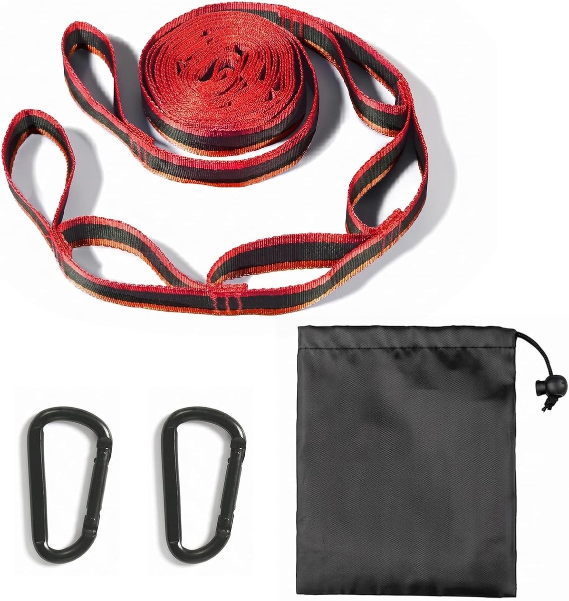 Set van 2 Hangmatbanden en Schommelbevestiging, 2 m x 1 cm, inclusief 2 Karabiners en Opbergtas, Stevige Ophangtouwen voor Kamperen en Tuin, Maximale Draagkracht 200 kg, Zwart en Rood