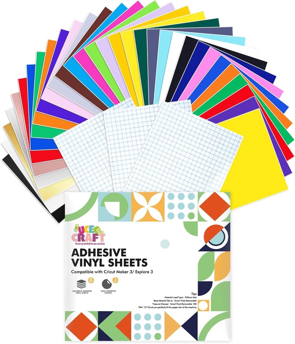 Smart Permanent Vinyl voor Cricut Joy Xtra - 32 Kleuren Zelfklevend Vinyl & 3 Transferfilms voor Creatieve Projecten, Ideaal voor Auto's en DIY, 24 x 30.5 cm