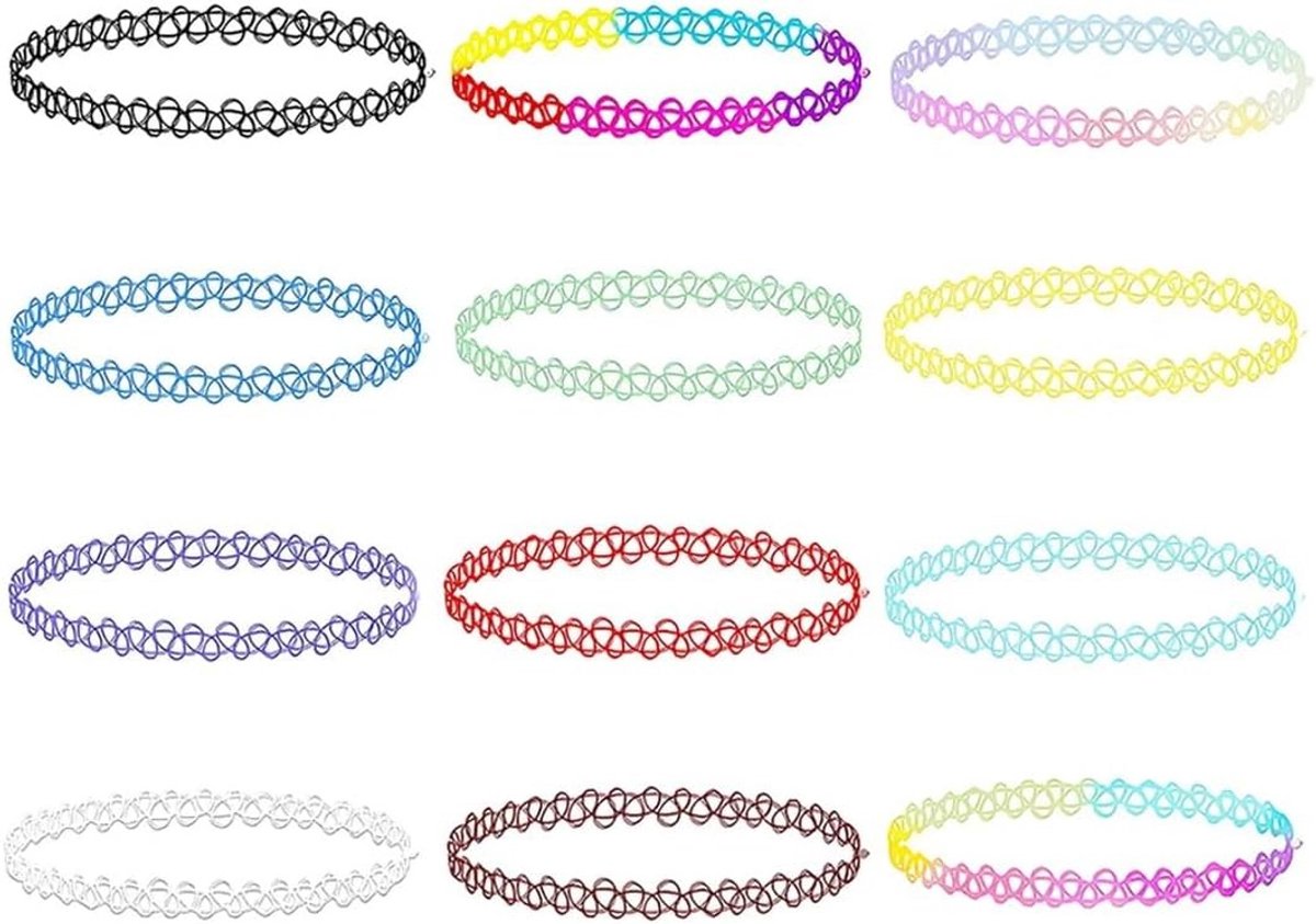 Kleurrijke 12-delige set retro vrouwenkettingen met elastische halskettingen in diverse kleuren, perfect voor 90s stijl en modeaccessoires