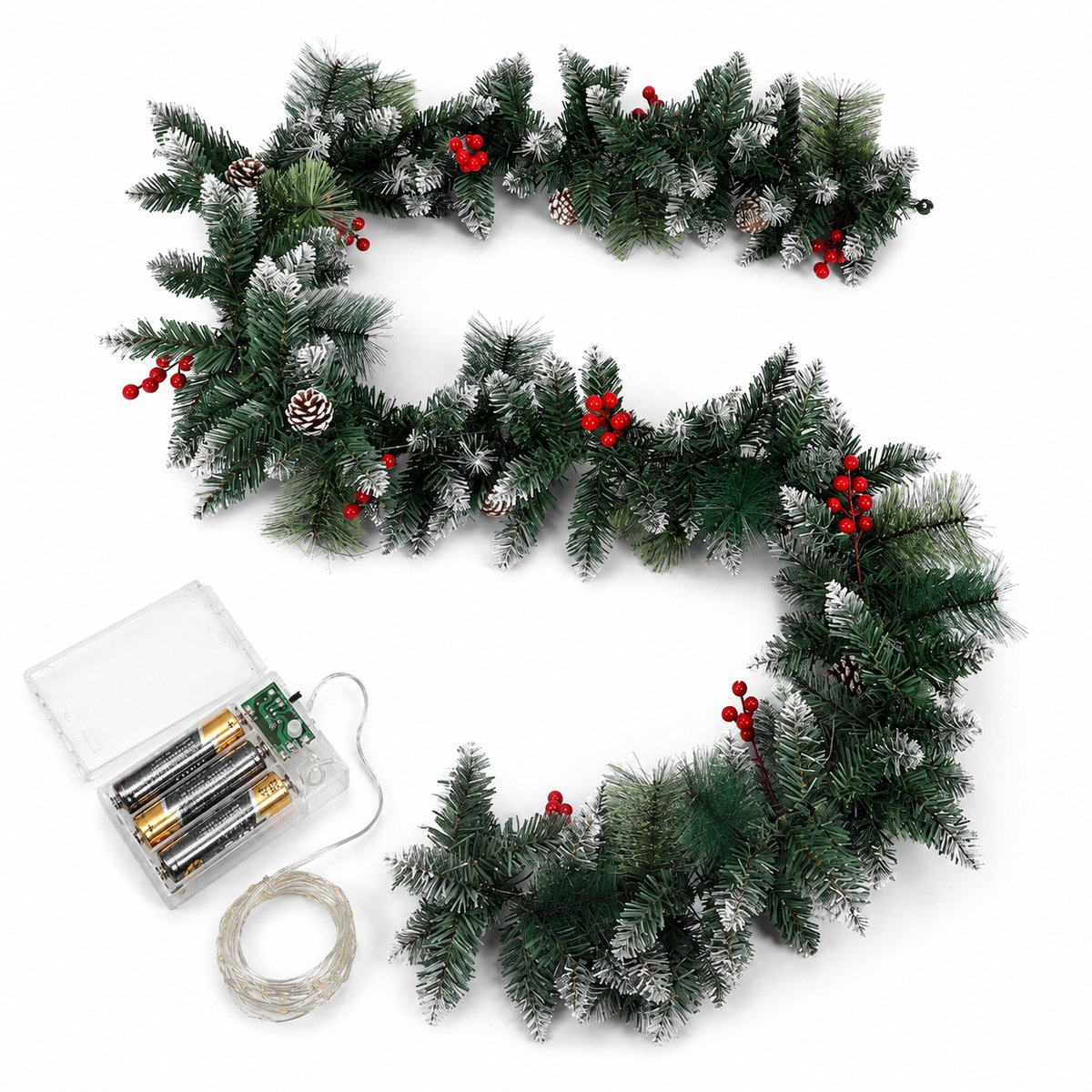 Kunstmatige kerstguirlande, 2.7 m, 50 warmwitte LED-verlichting, met kerstballen, sneeuwvlokken en strikken, USB-voeding, op batterijen - voor binn...