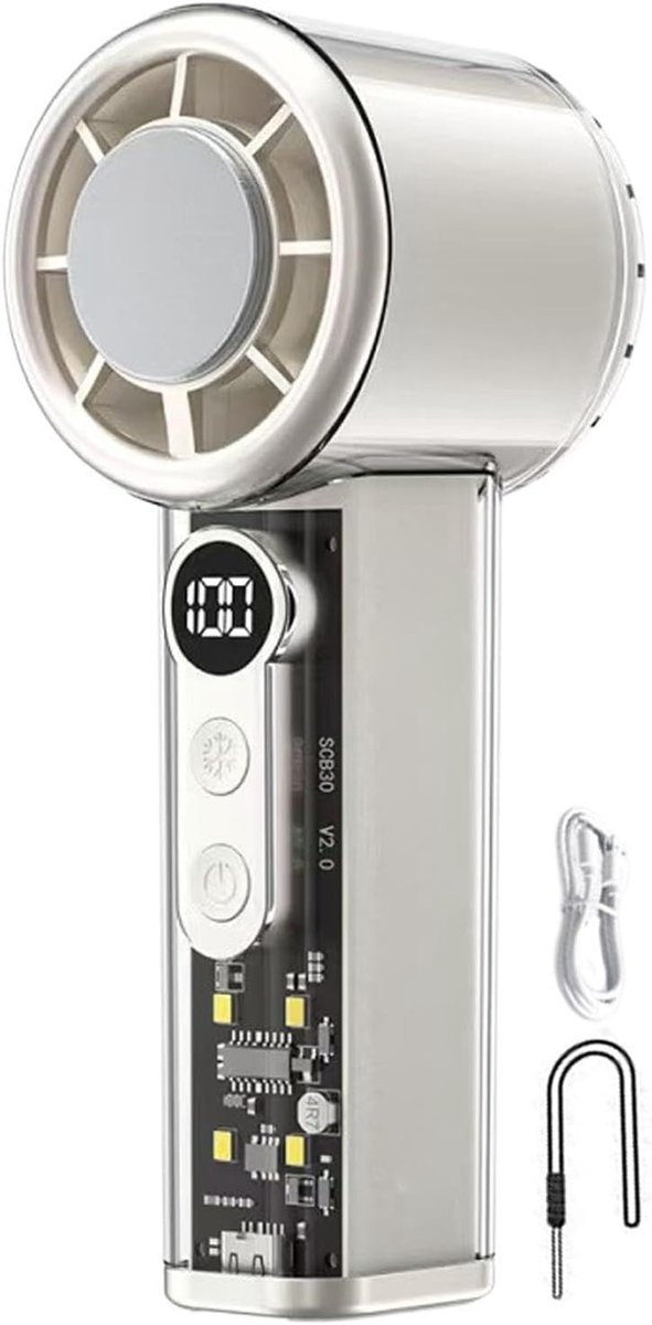 Handventilator met ijskoeling - Draagbare turboventilator met ijskoeler - 100 Snelheden Turbo Fan met LED Display - Stil & Krachtig - Voor buiten en op reis - Draagkoord inbegrepen - Wit - Draagbare Stille Ventilator voor Reizen en Kantoor
