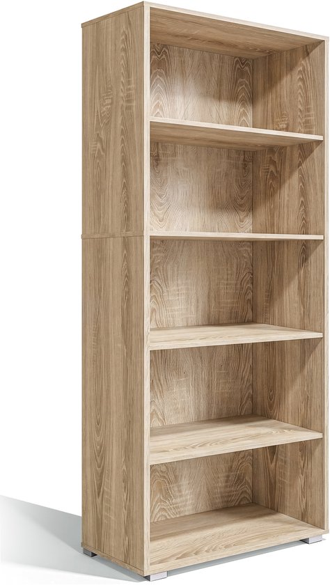 Houten boekenkast met 5 legborden, op een witte achtergrond.