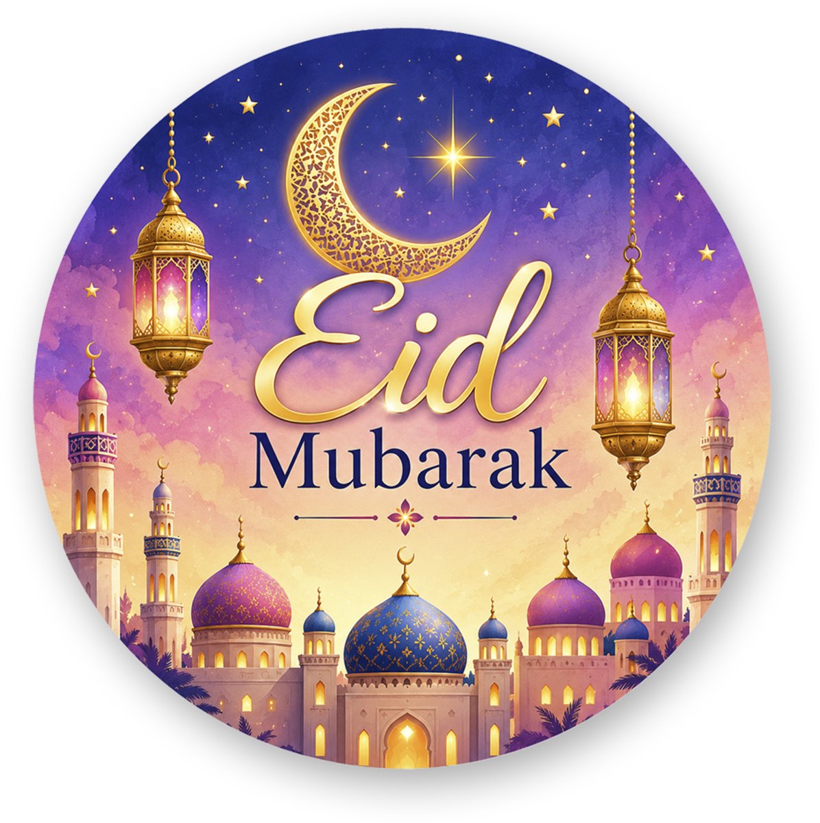 Sluitsticker Eid Mubarak – Islamitische sluitzegel met maan en lantaarns
