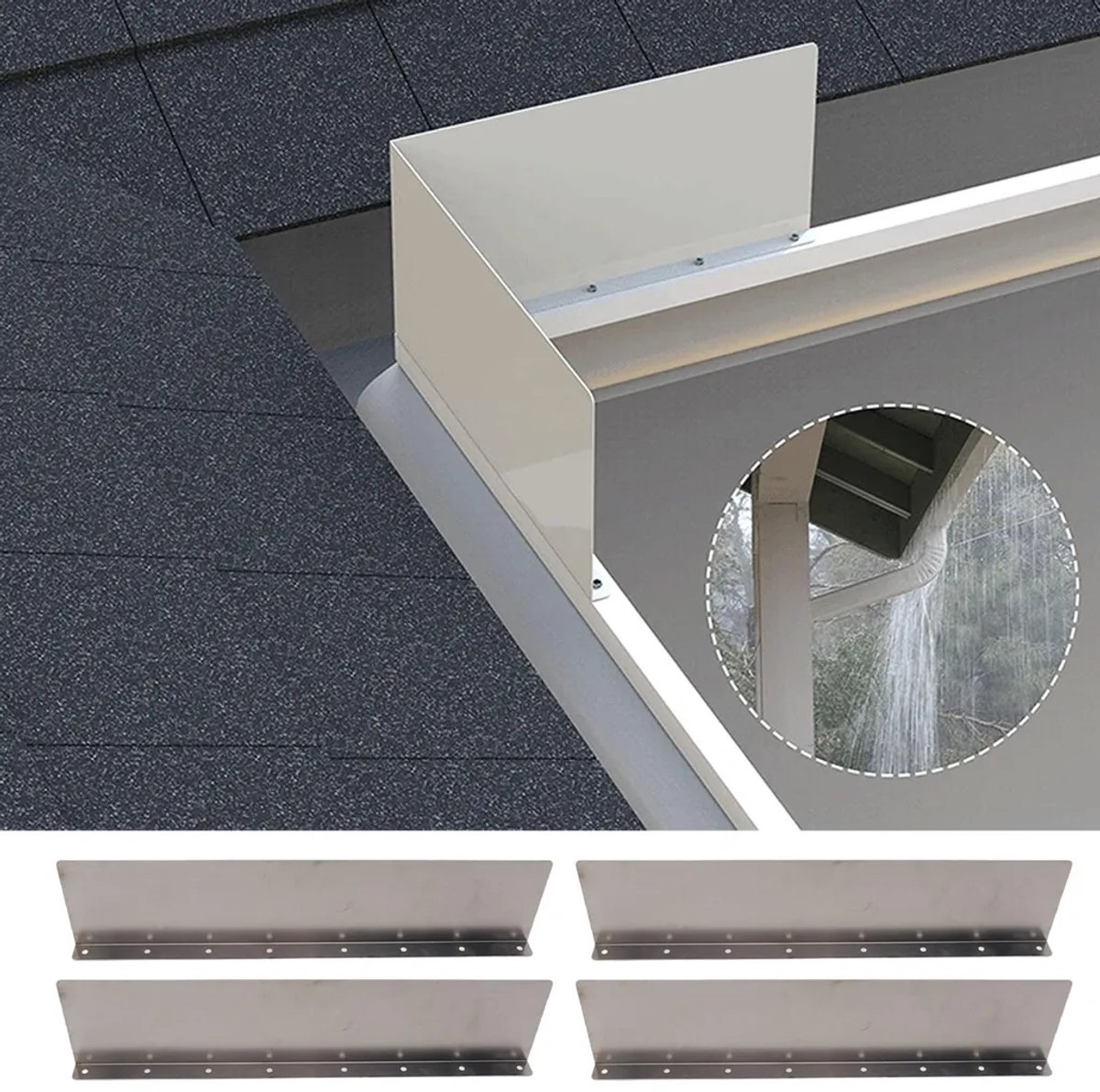 4-delige aluminium regengoot Geschikt voor spatbescherming Geschikt voor de afvoer van regenwater, inclusief 32 dakmontageschroeven.