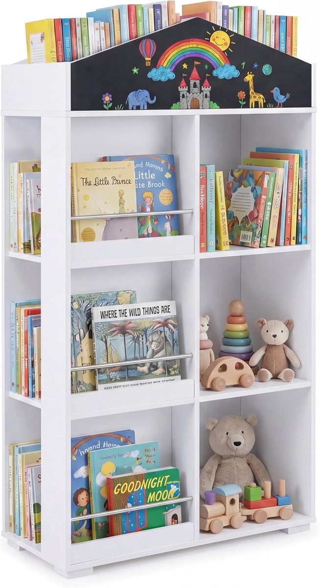 KOMFOTTEU Kinderboekenrek – Schattig huisvormig kinderrek – Kinderboekenkast met krijtbord & 13 vakken – Montessori-speelgoedrek voor kinderkamers & speelkamers – 64 x 30 x 116,5 cm – Wit