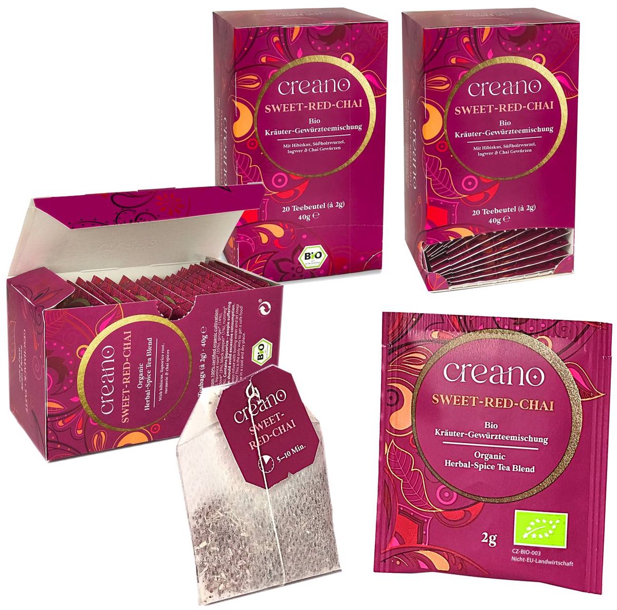 Creano biologische thee SWEET-RED-CHAI, kruiden-kruidentheemelange, biologisch theezakje theepakket van 3 (3x 20 zakjes) *¹