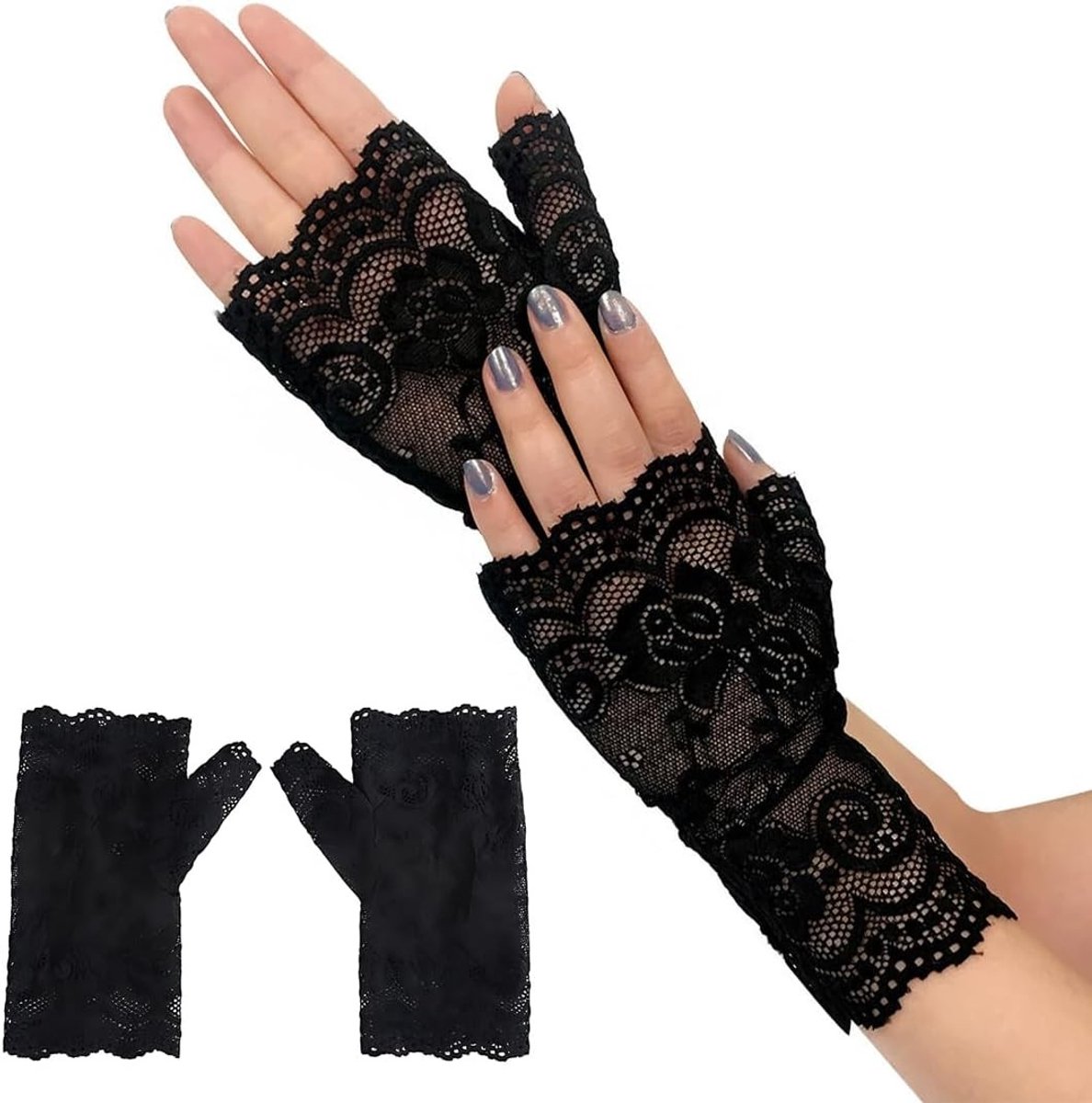 Elegante korte kanten dameshandschoenen voor bruiloften, theeparties en buitenactiviteiten, zwart (1 paar)