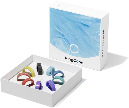RingConn Ringendoos met 8 ringen in diverse kleuren: geel, zwart, blauw, groen, rood, paars en twee tinten grijs/bruin.