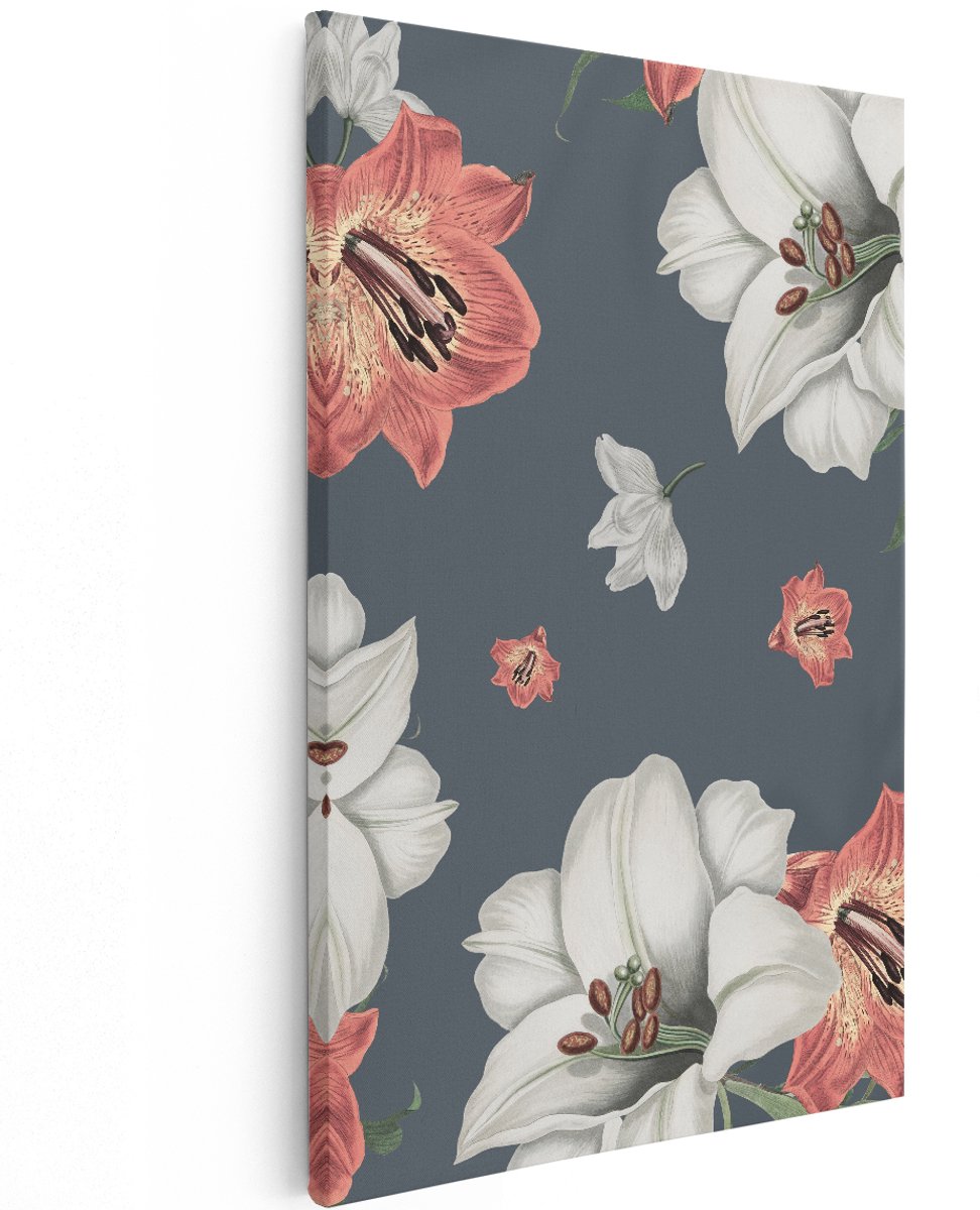 Artaza Canvas Schilderij Lelies - 100x150 cm - Groot - Wanddecoratie Bloemen - Muurdecoratie Vintage - Decoratie Schilderijen Bloemen Wit