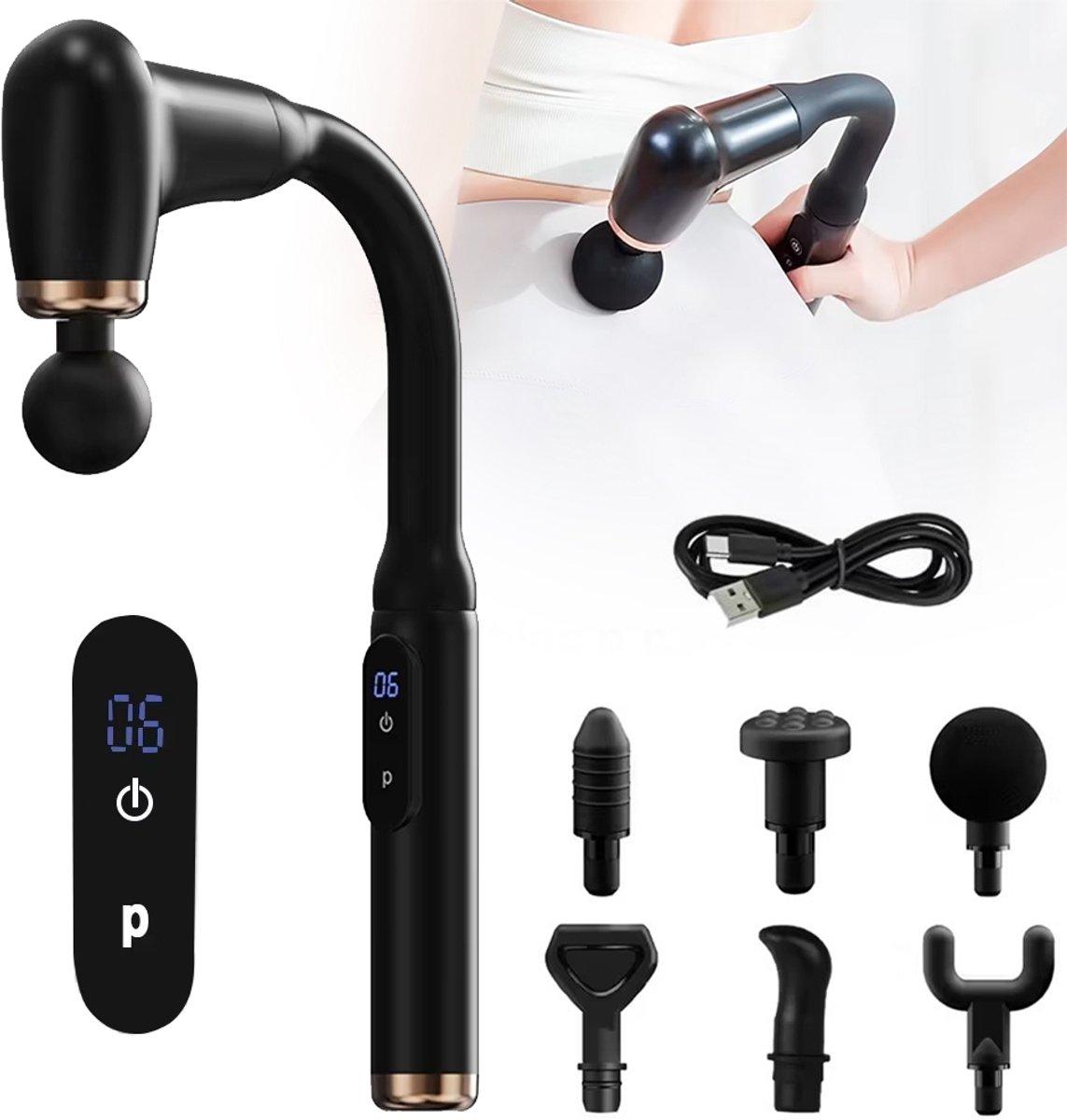 Massagepistool Met Verlengstuk - Rug- En Nekmassageapparaat - 6 Massagekoppen En 3 Standen - Spiermassagepistool