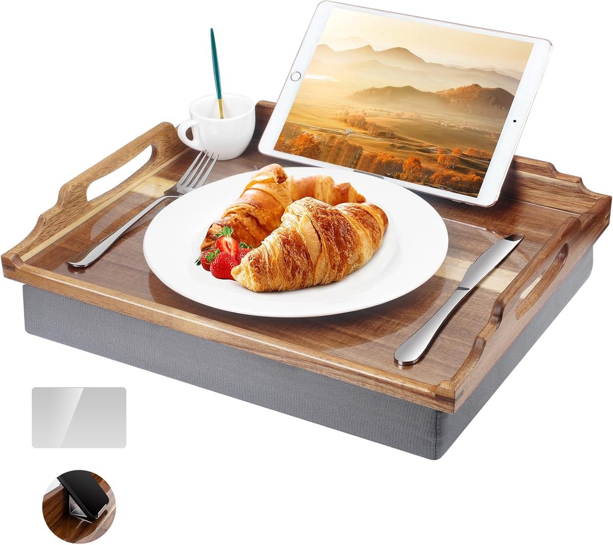 Houten Bedtafel - Laptoptablet Houder - Ontbijten in Bed - Afneembaar Kussen - 43 x 33 cm - Houtkleur — cadeau in Cadeau-ideeën - foto 7