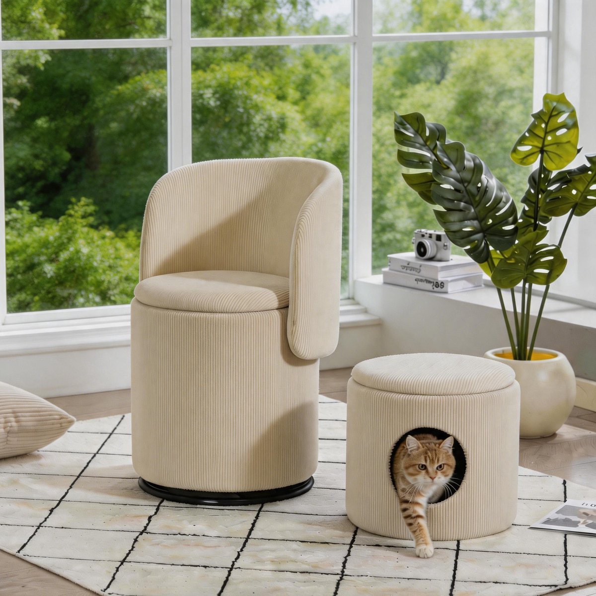 MUVANO 360 Graden Draaibare Kaptafel Stoel - Beige Gestreepte Eetkamerstoel - Kuipstoel Met Opbergruimte - 48x52x75 cm - Draaibaar - Slaapkamer Beige