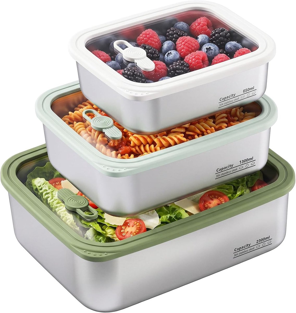 Set van 3 roestvrijstalen luchtdichte voorraaddozen, stapelbaar met glazen deksel, BPA-vrij voor maaltijdvoorbereiding en onderweg, 2300/1300/650 ml