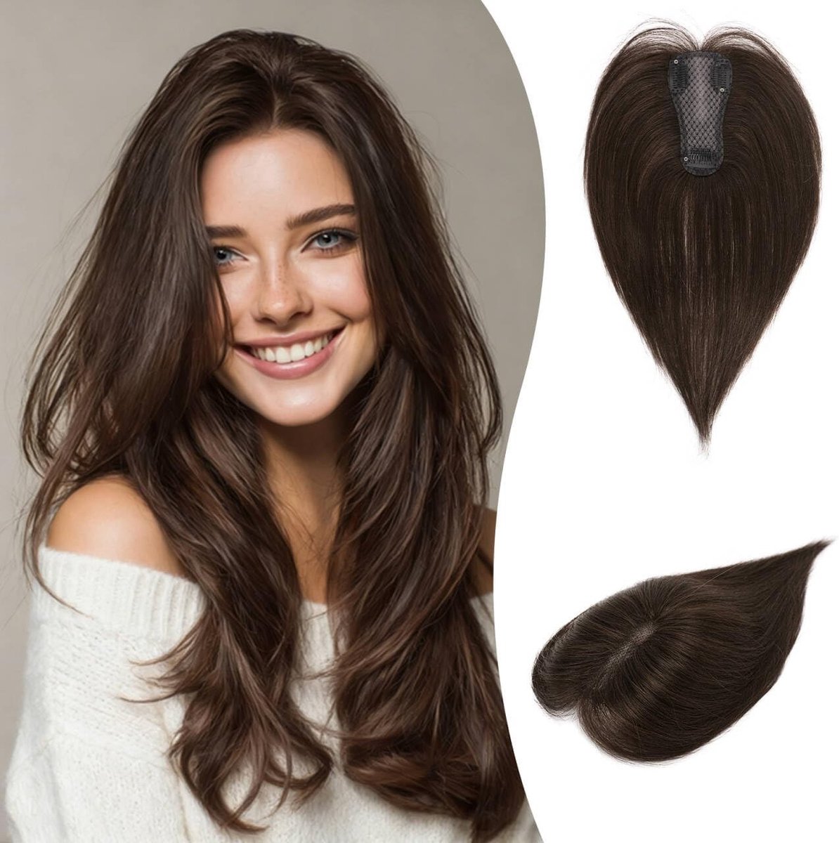 Clip-in Haar Topper voor Vrouwen Donkerbruin met 15% Donker Cacaoblond Echte Mensenhaar voor Dunner Wordend Haar Lichtgewicht Steil Haarstuk zonder Pony